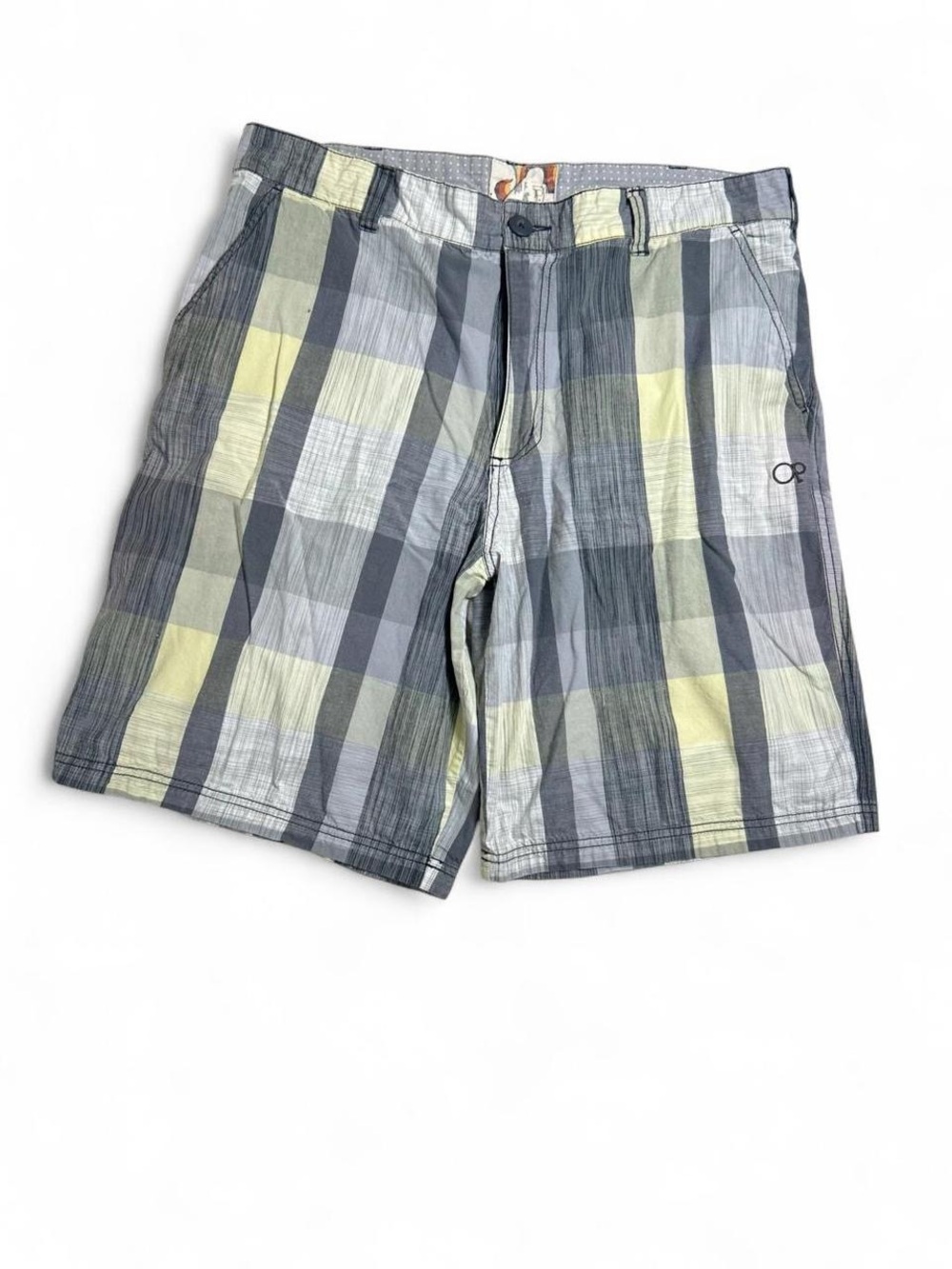 OP Plaid Cargo Shorts Size 38 Y2K Skate Surf Gray Yellow Cotton